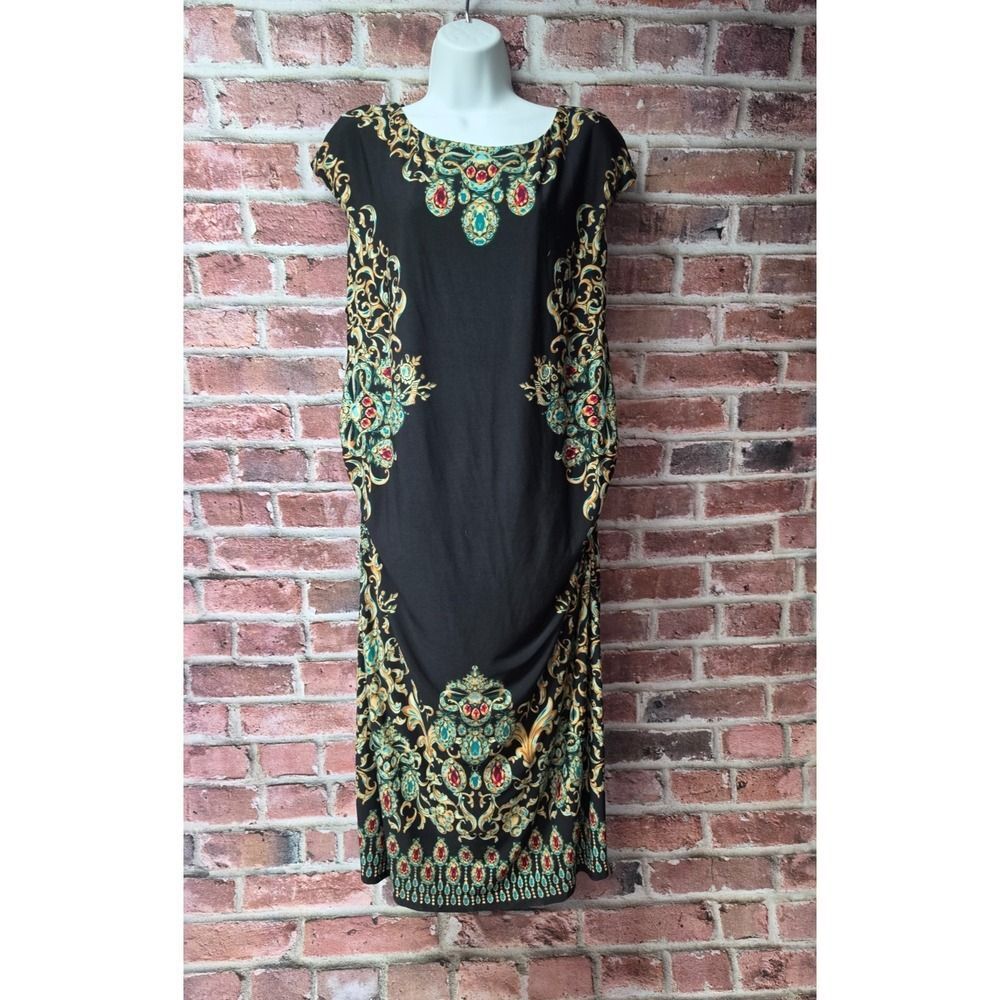 Women's DAVID MEISTER Baroque Jewel Print‎ Ruched Midi Dress Size 20W